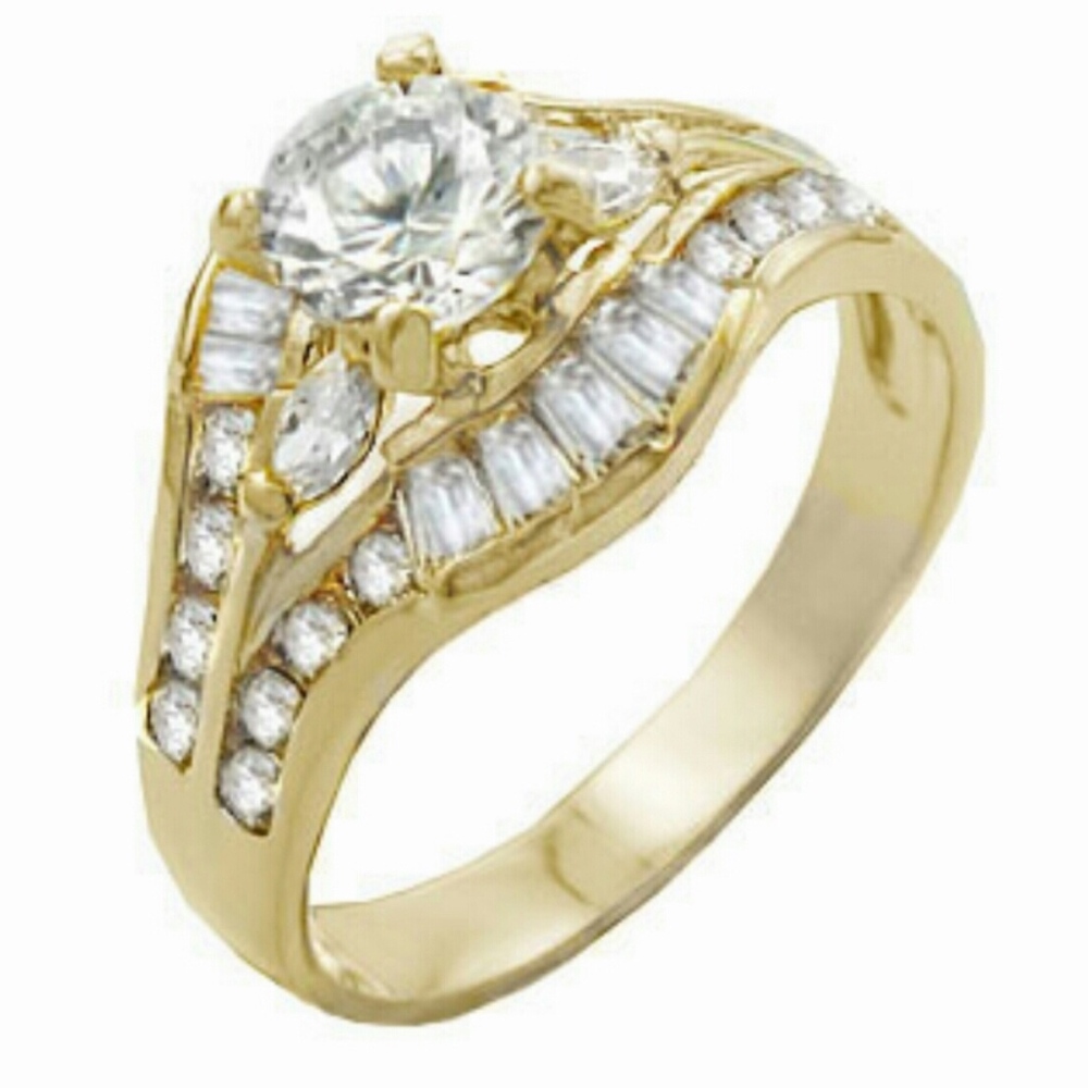 Gold Plated Cocktail Ring Solitaire Cubic Zirconia  Size 5 6  *